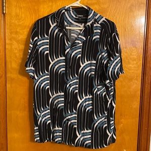 Express Abstract Print Rayon Short Sleeve Shirt green/black/white pattern